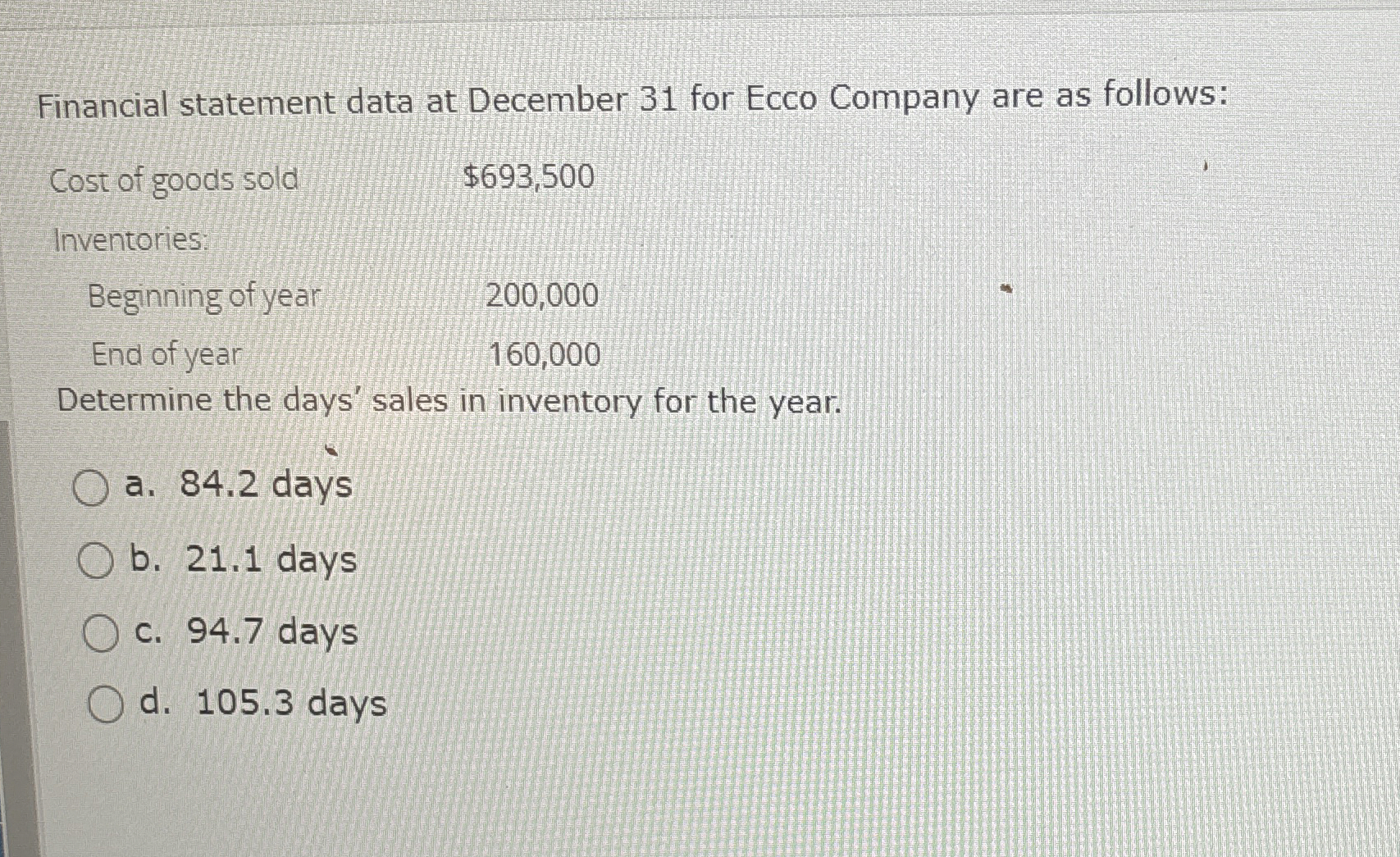  Financial statement data at December 31 for Ecco Company are as