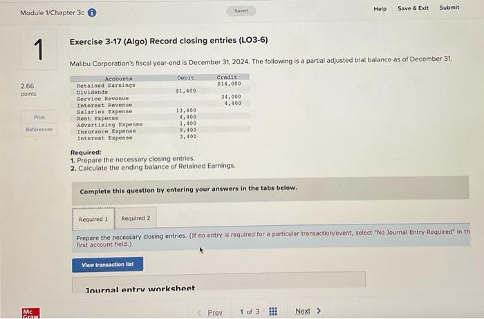 Record closing entries Module 1/Chapter 3c Saved Help Save & Exit Submit