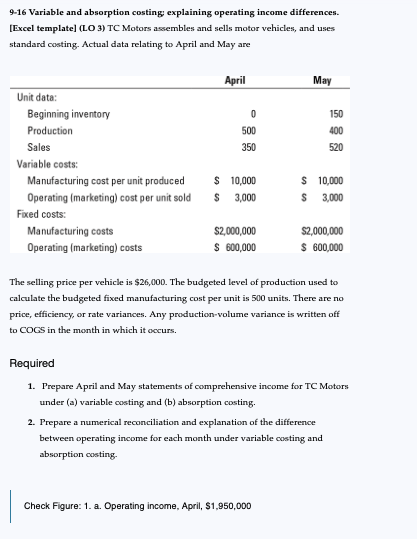  9-16 Variable and absorption costingy explaining operating income differences. [Excel template]