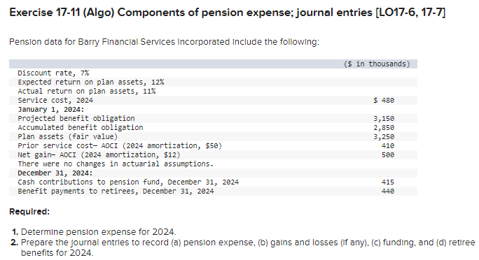  Exercise 17-11(Algo) Components of pension expense; journal entries [LO17-6,17-7] Pension data