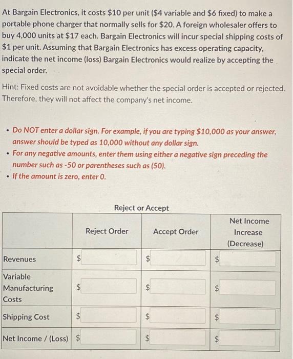 Help! At Bargain Electronics, it costs $10 per unit (\$4 variable and