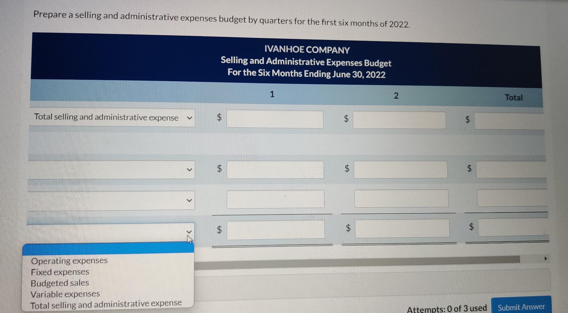 its operating expenses for budget purposes in a selling and administrative expenses