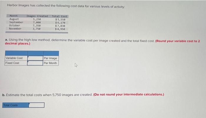 please explain Harbor Images has collected the following cost data for various
