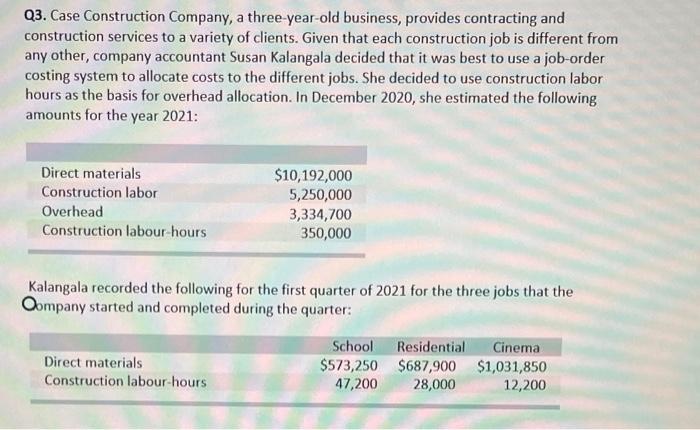 please, show properly what comes from where Q3. Case Construction Company, a