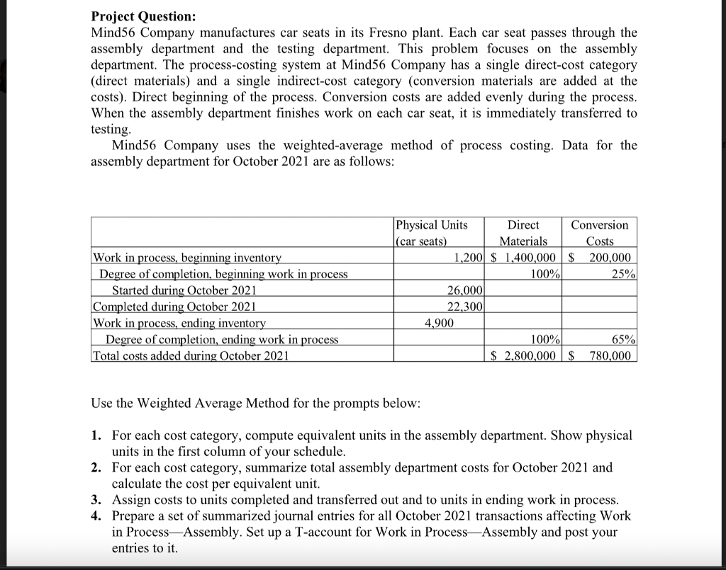 If possible please do it on Excel. Project Question: Mind56 Company