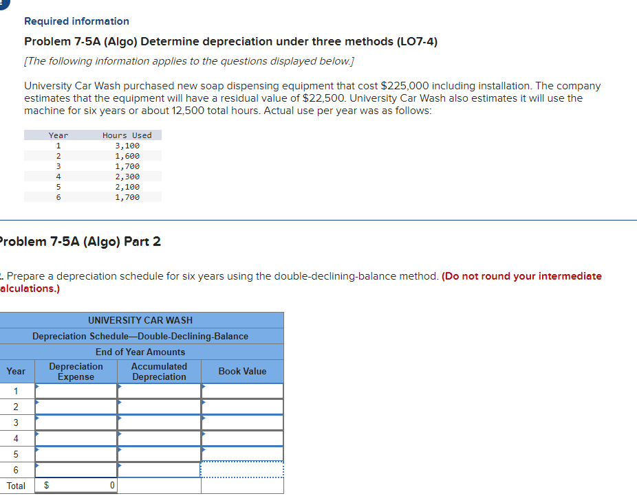  Required information Problem 7-5A (Algo) Determine depreciation under three methods (LO7-4)