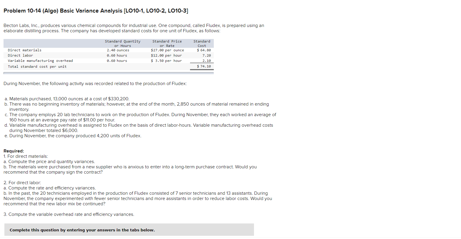  Problem 10-14 (Algo) Basic Variance Analysis [LO10-1, LO10-2, LO10-3] Becton Labs,