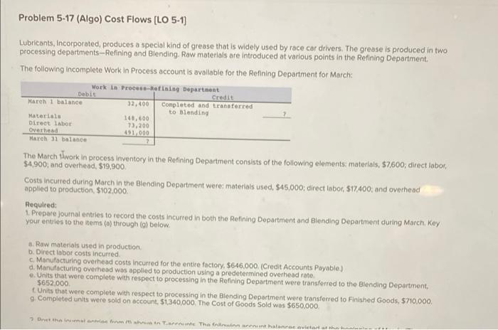 please solve will upvote Problem 5-17 (Algo) Cost Flows [LO 5-1] Lubricants,