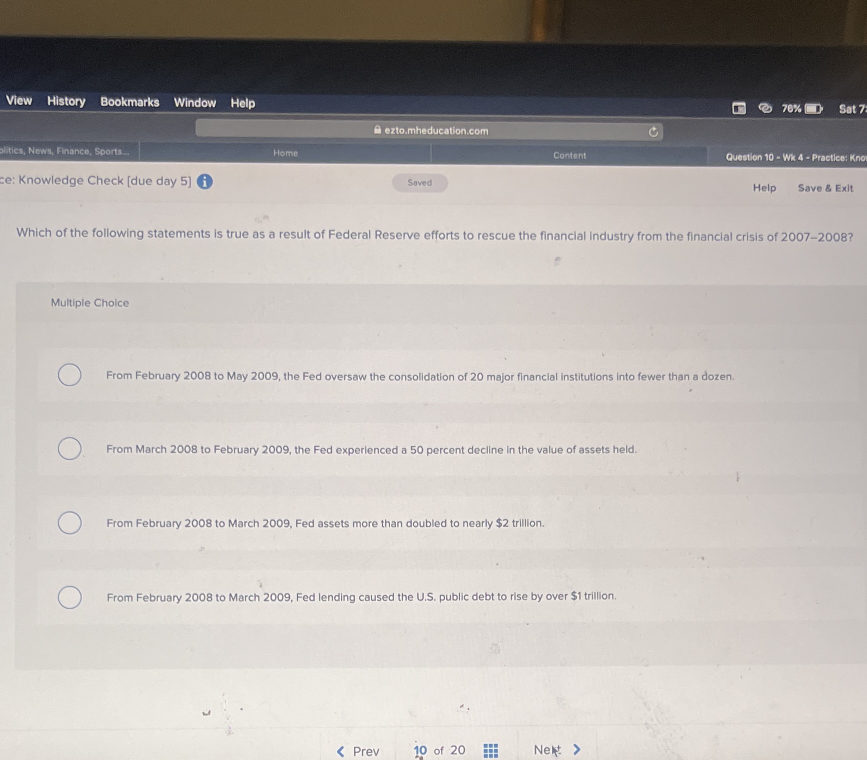  View History Bookmarks Window Help 2 76%% Sat 7 A ezto.mheducation.com