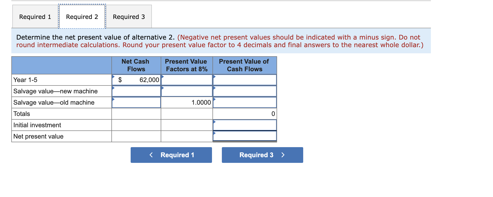 with a new machine. Information about the two alternatives follows. Management requires