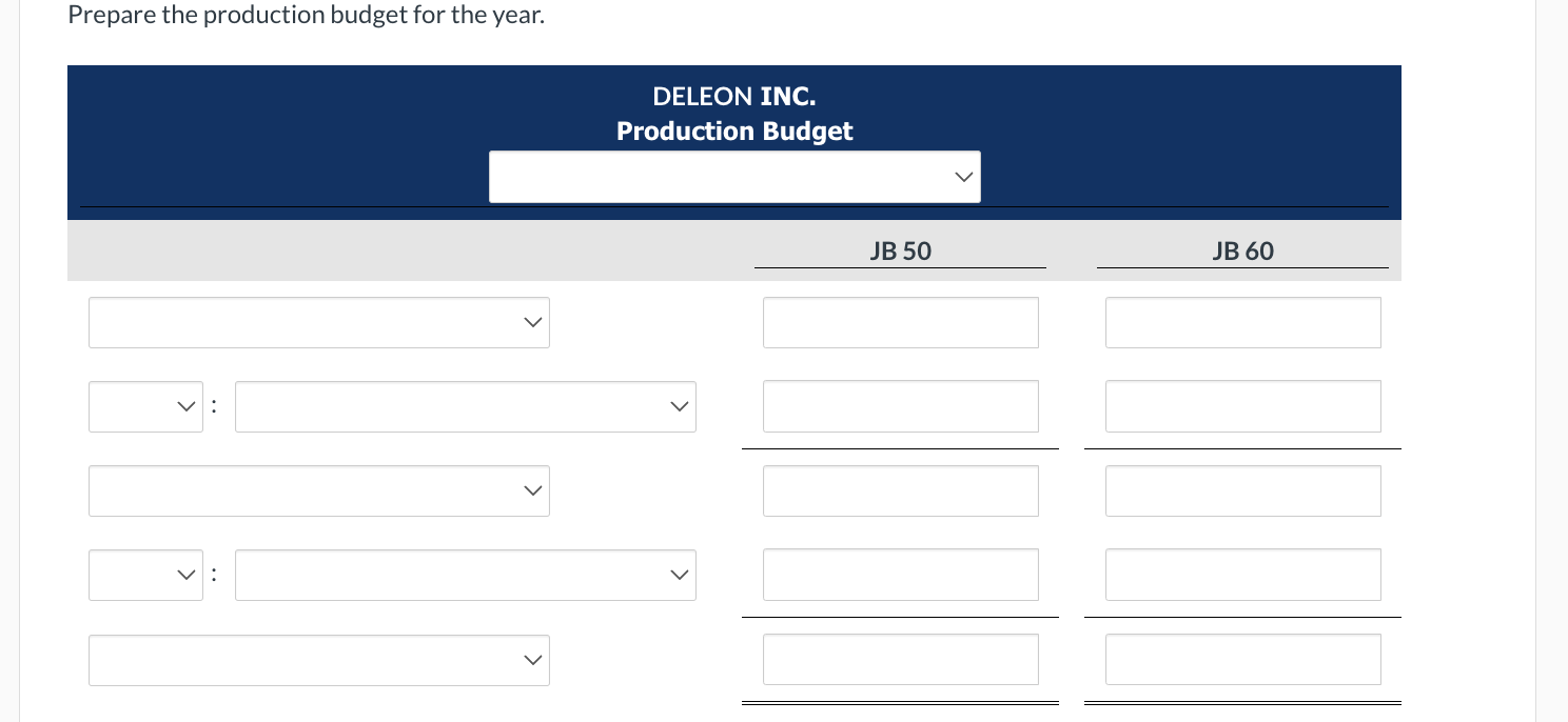 Materials Budget JB 50 JB 60 Deleon Inc. is preparing its annual