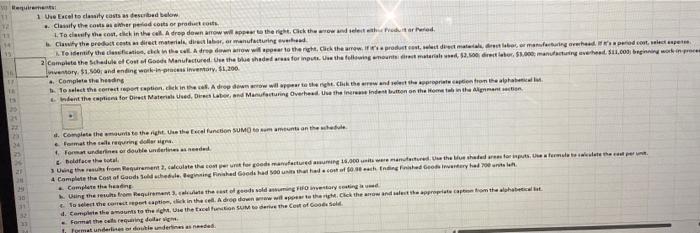 the blue shaded areas for inputs. Use the following amounts: direct materials