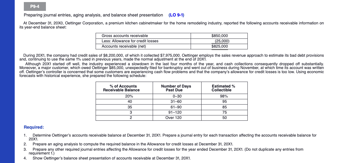 PLEASE SHOW WORK. Preparing journal entries, aging analysis, and balance sheet presentation