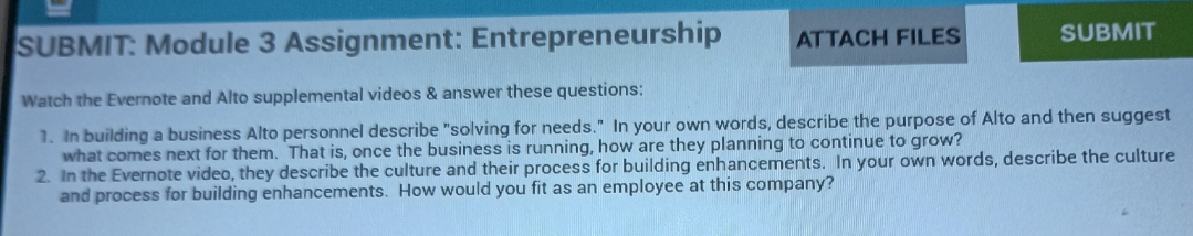 SUBMIT: Module 3 Assignment: Entrepreneurship ATTACH FILES SUBMIT Watch the Evernote