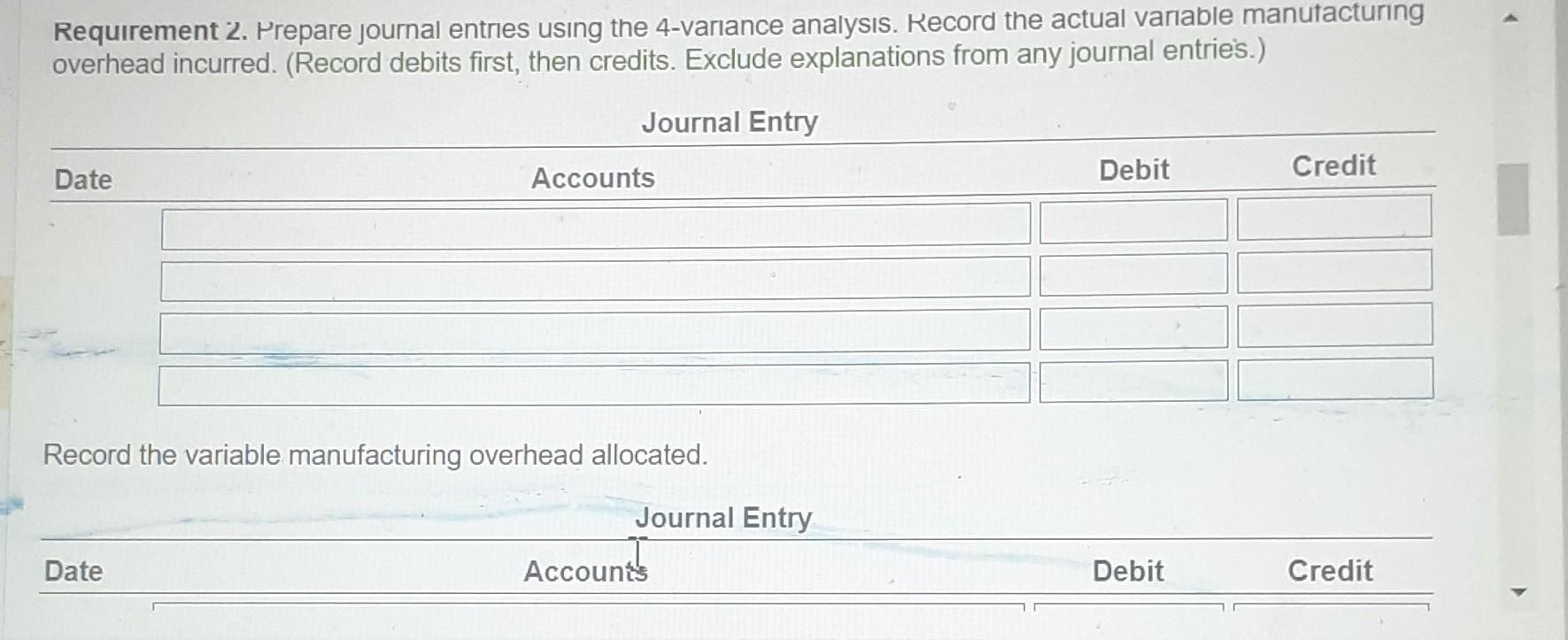 for the period. Requirement 1. Prepare an analysis of all variable manufacturing