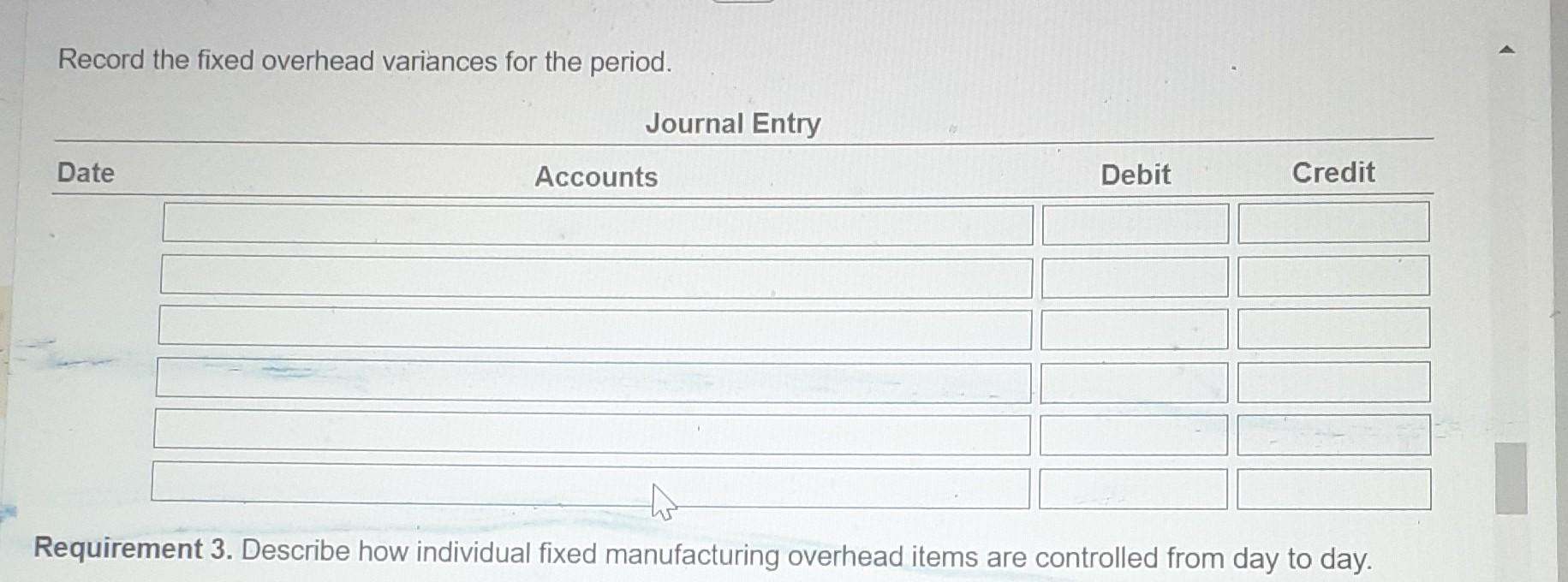 analysis. 3. Describe how individual fixed manufacturing overhead items are controlled from