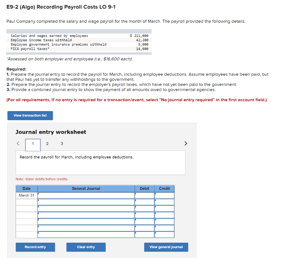 Please do in excel format. E9-2 (Algo) Recording Payroll Costs LO 9-1