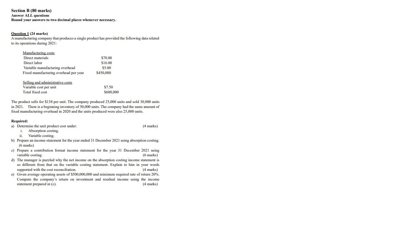  the average operating assets should be $500,000 Section B (80 marks)