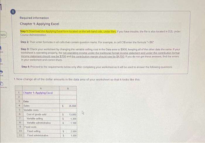 PLEASE HELP Required information Chapter 1: Applying Excel 1451 Step 1: Download
