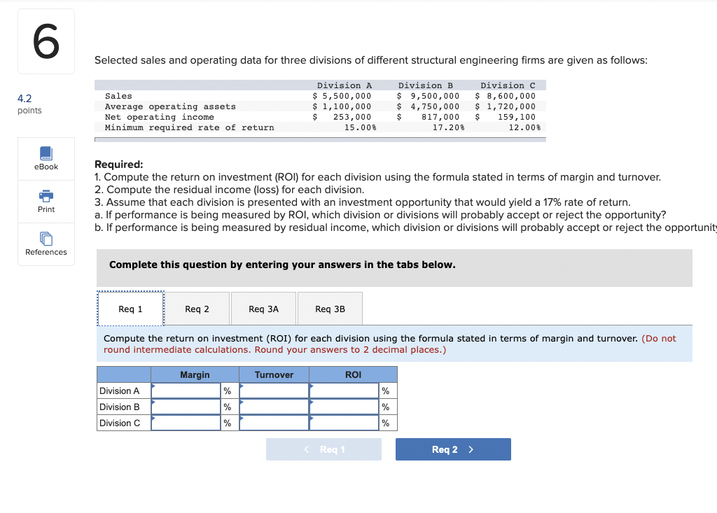 Please answer req. 1-3B Selected sales and operating data for three divisions