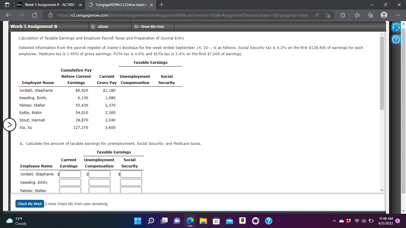 Help !!!!! D2L Week 5 Assignment B - AC1000: x CengageNOWv2 |