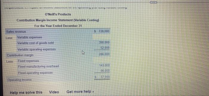 the upcoming year using absorption costing O'Neill's Products Income Statement (Absorption Costing)
