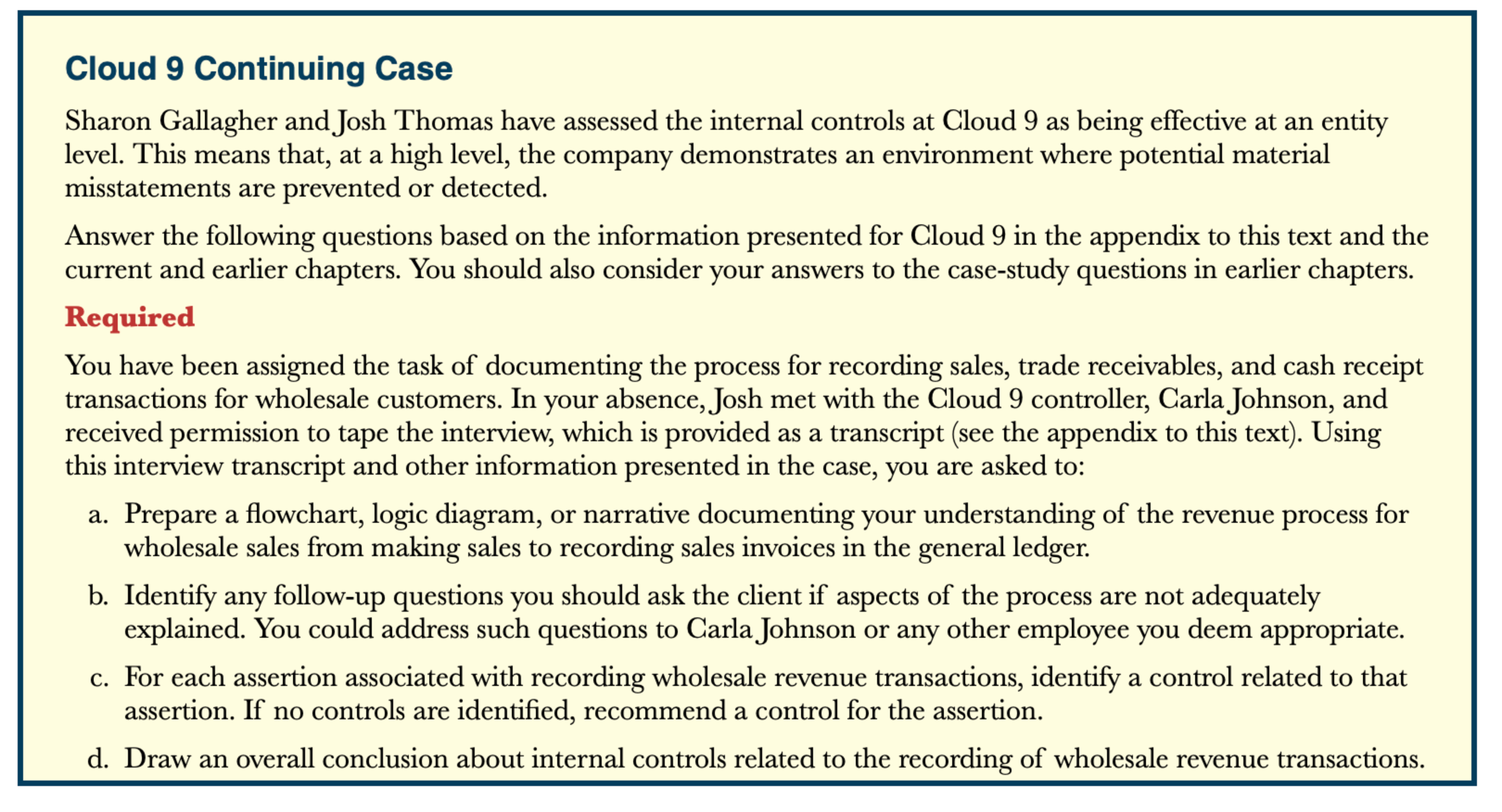  Cloud 9 Continuing Case Sharon Gallagher and Josh Thomas have assessed
