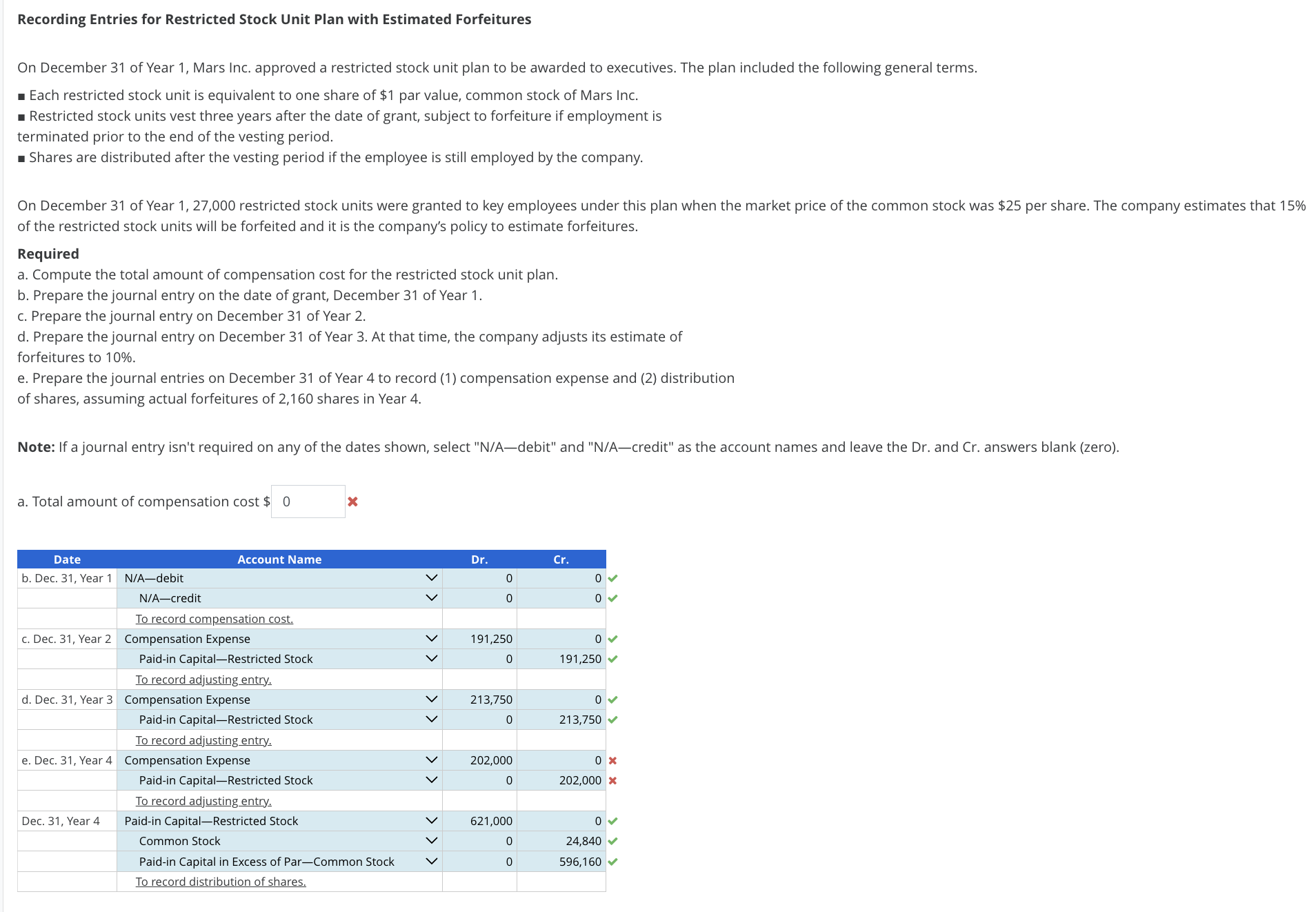 Solve for A and E, please explain Recording Entries for Restricted Stock