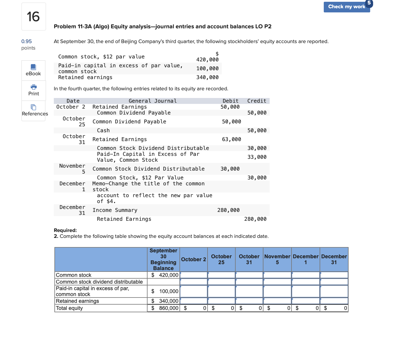  Problem 11-3A (Algo) Equity analysis-journal entries and account balances LO P2