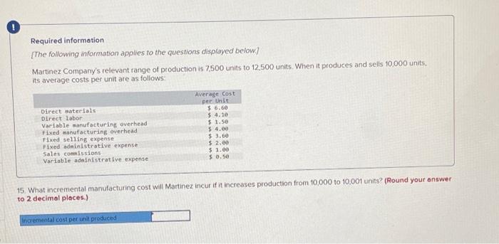 questions displayed below) Martinez Company's relevant range of production is 7500 units