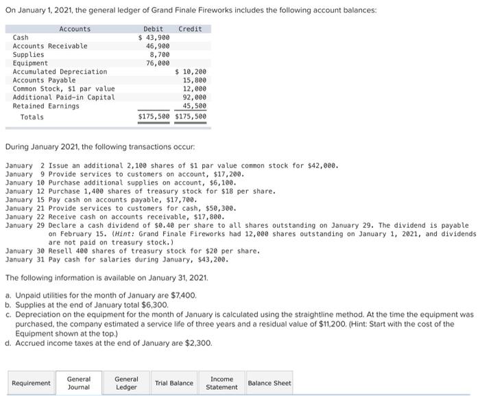 Hello, please help with completing this general journal. On January 1, 2021,