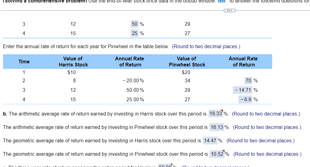 the end-of-year stock price data in the popup window, , to answer
