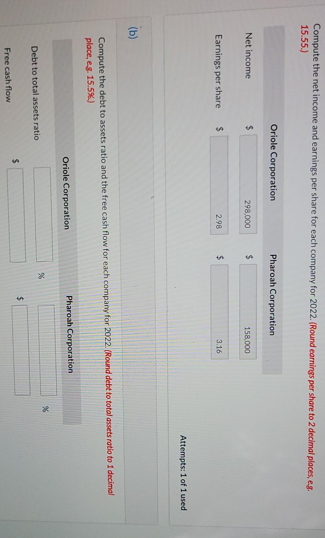 statement data for Oriole Corporation and Pharoah Corporation, two competitors, appear below.