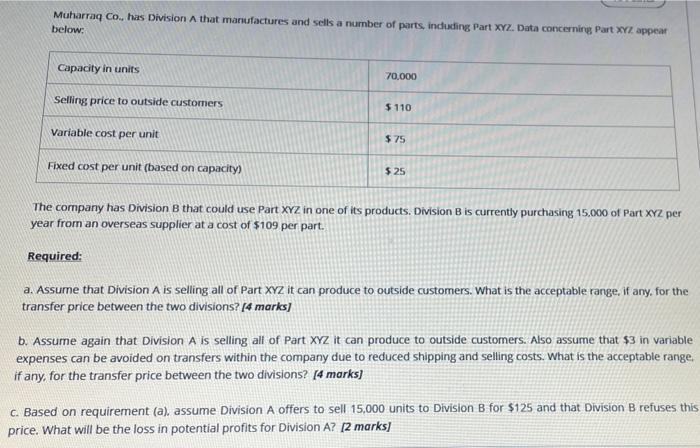 plz help me ? Muharraq Co., has Division A that manufactures and