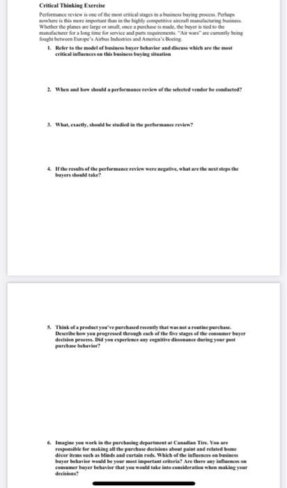 please do all six in short length Critical Thinking Exercise Performance review