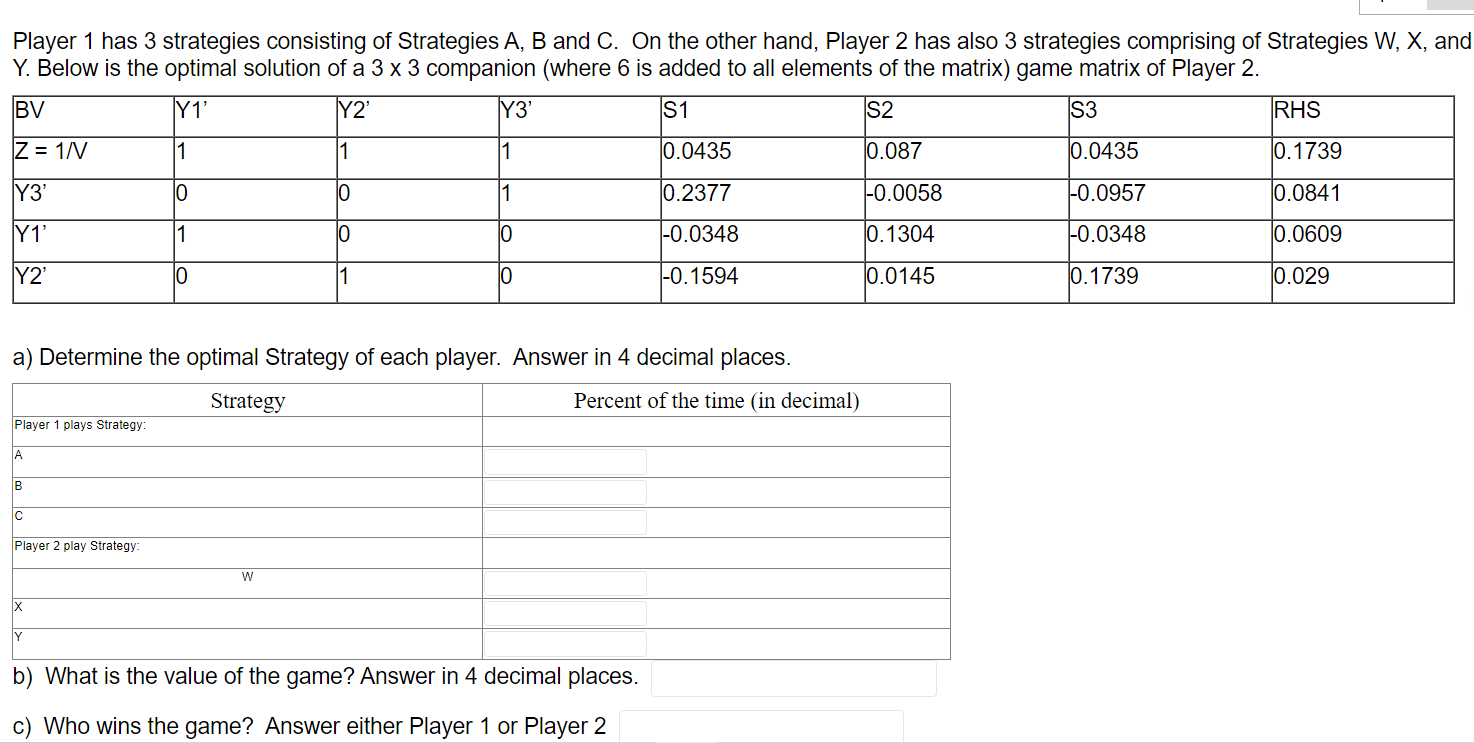 OPERATIONS RESEARCH. GAME THEORY. ANSWER ASAP. Player 1 has 3 strategies consisting
