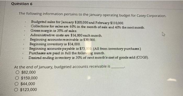 include the answer with the formula Question 6 The following information pertains