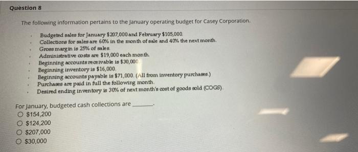 to the January operating budget for Casey Corporation. Budgeted sales for January