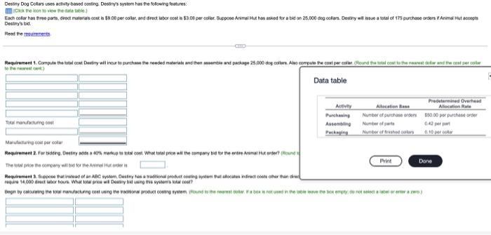 conto the datatable Each color has reports, creet materials cost $8.00 percobar,