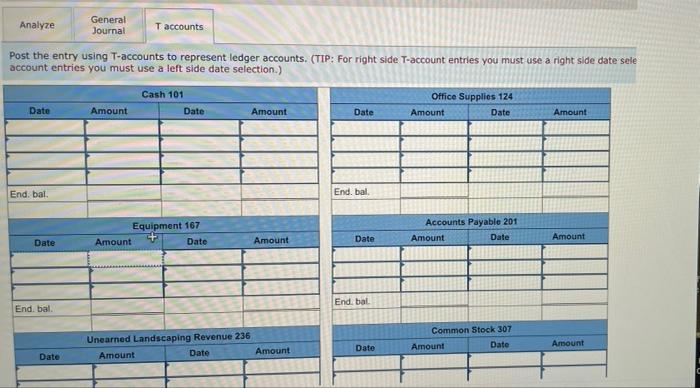 Accounts Payable (201); Unearned Landscaping Revenue (236): Common Stock (307) Dividends (319):