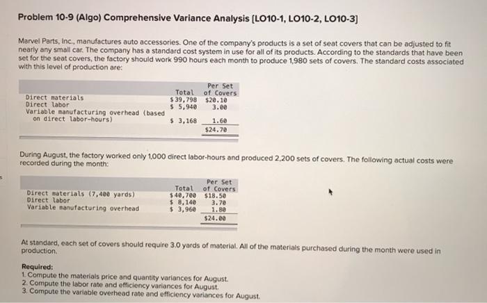  Problem 10-9 (Algo) Comprehensive Variance Analysis (L010-1, LO10-2, LO10-3) Marvel Parts,
