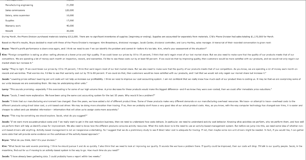 Phone Division, include a supporting cost of goods manufactured statement. LESS ENDING