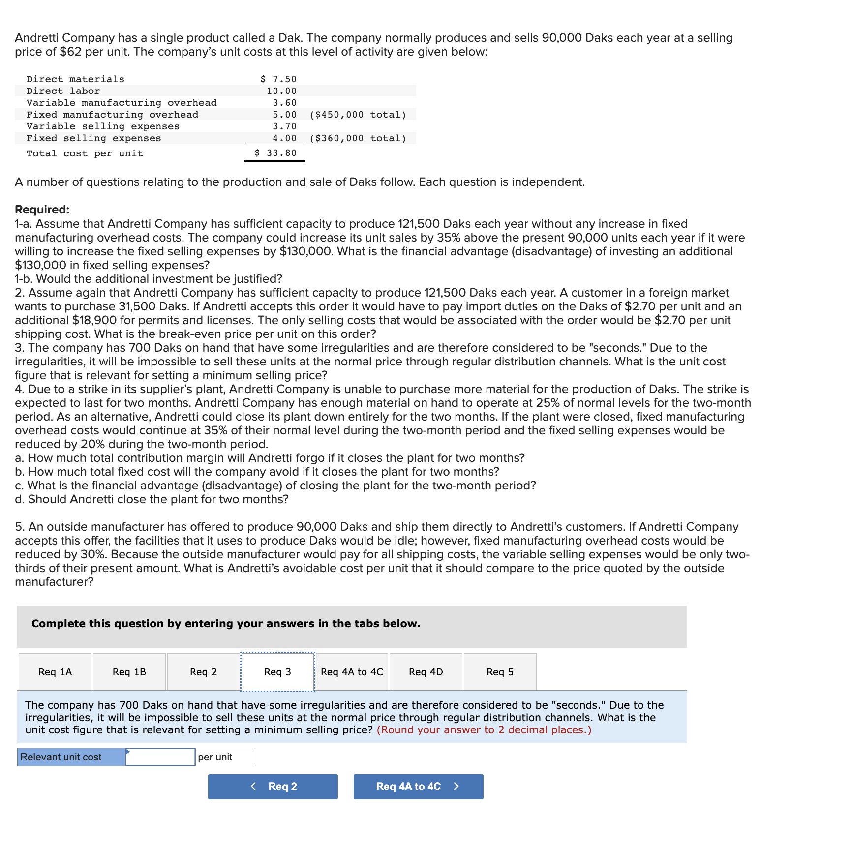 sells 90,000 Daks each year at a selling price of $62 per