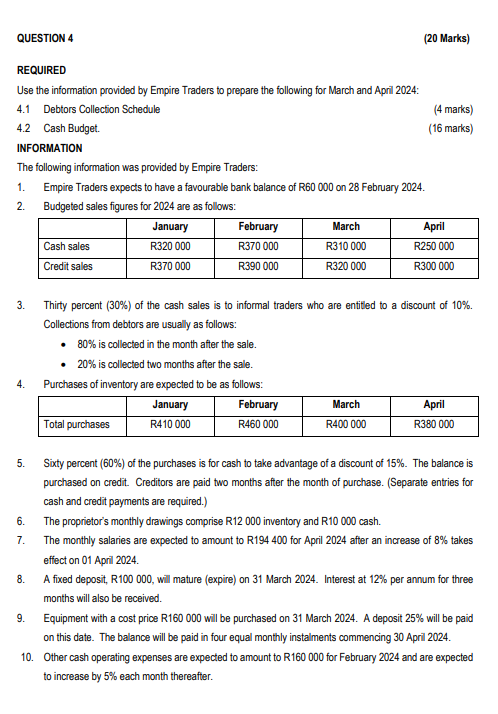  QUESTION 4 (20 Marks) REQUIRED Use the information provided by Empire