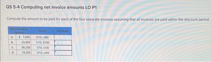 need help what are the answers? QS 5-4 Computing net invoice amounts