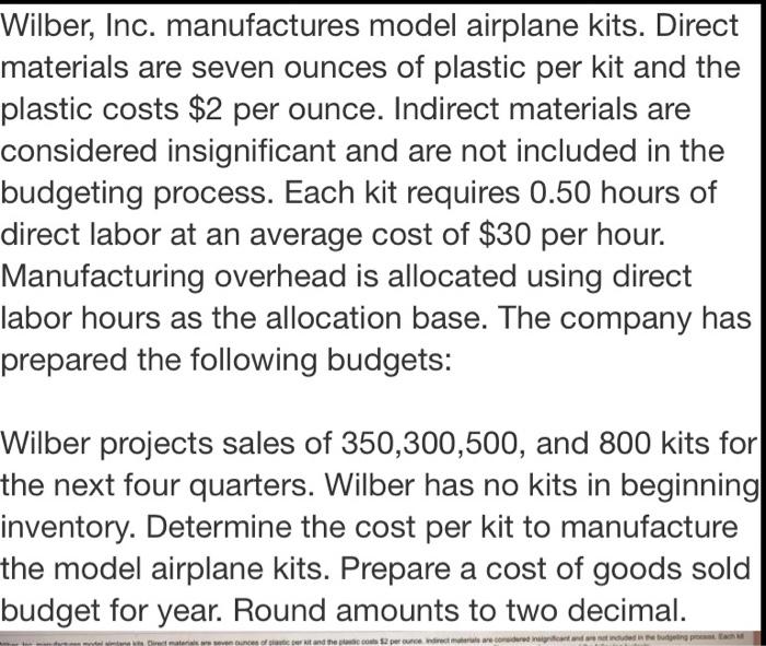 Question Below: Budgets Below: Question Setup Below: Wilber, Inc. manufactures model airplane