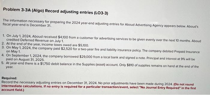 do the journal entry worksheet Problem 3-3A (Algo) Record adjusting entries (LO3-3)