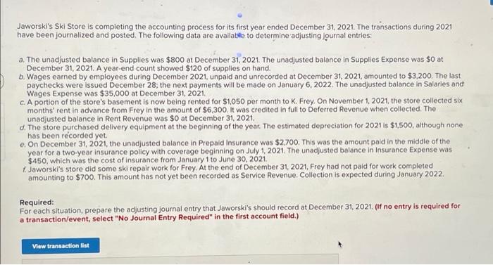 PLEASE Jaworski's Ski Store is completing the accounting process for its first