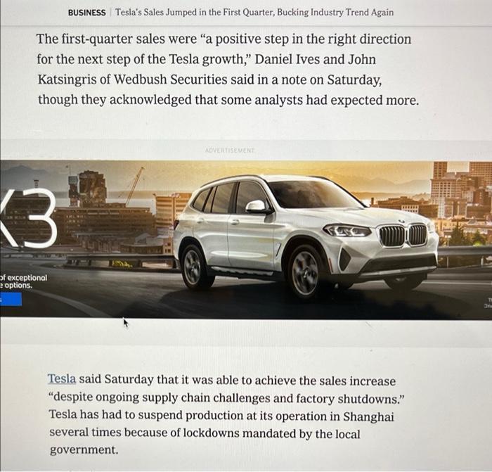 paragraph) Tesla's Sales Jumped in the First Quarter, Bucking Industry Trend Again