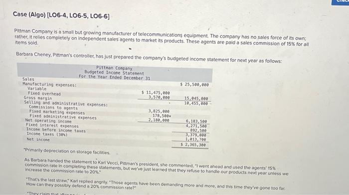 help quick please Case (Algo) [ LO6-4, LO6-5, LO6-6] Pittman Company is